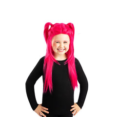 Child wearing K-Pop Demon Hunters Mira hot pink wig with side ponytails