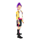 Person wearing a colorful outfit with a yellow jacket and black pants on a white background