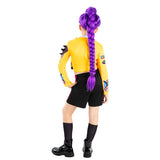 Person wearing a yellow outfit with black shorts and purple hair styled in braids on a white background