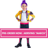 Child wearing K-Pop Demon Hunters Rumi core costume with preorder banner