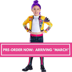 Child wearing K-Pop Demon Hunters Rumi core costume with preorder banner