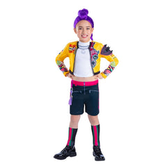 Child wearing K-Pop Demon Hunters Rumi core costume with preorder banner