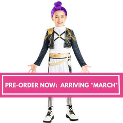 Child in a costume with a purple wig, standing against a white background with a pink pre-order banner.