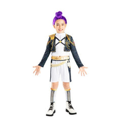 Child in a costume with a purple wig, standing against a white background with a pink pre-order banner.