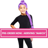 Child wearing K-Pop Demon Hunters Rumi purple braided wig with pre-order text banner