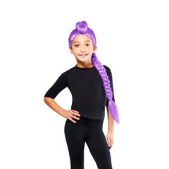 Child wearing K-Pop Demon Hunters Rumi purple braided wig with pre-order text banner