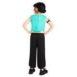 Person wearing a turquoise top and black pants on a white background