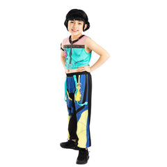 Child wearing K-Pop Demon Hunters Zoey costume with printed pants