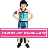 Child wearing K-Pop Demon Hunters Zoey costume with printed pantswith a pink banner indicating pre-order information