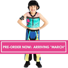 Child wearing K-Pop Demon Hunters Zoey costume with printed pantswith a pink banner indicating pre-order information