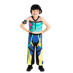 Child wearing K-Pop Demon Hunters Zoey costume with printed pantswith a pink banner indicating pre-order information