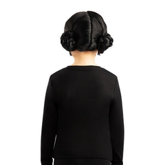 Child wearing K-Pop Demon Hunters Zoey black wig with plaited buns