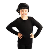 Child wearing K-Pop Demon Hunters Zoey black wig with plaited buns