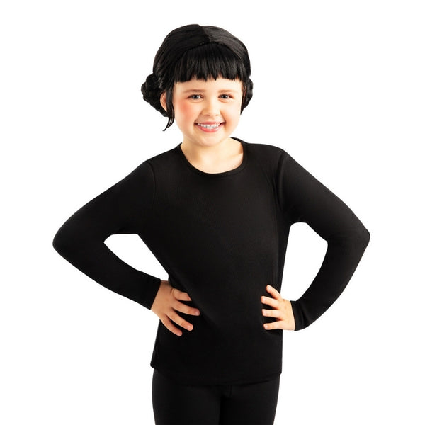 Child wearing K-Pop Demon Hunters Zoey black wig with plaited buns