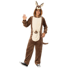 Adult kangaroo furry onesie costume with 3D ears and front pouch with joey