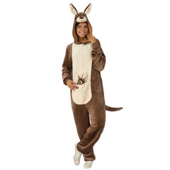 Adult kangaroo furry onesie costume with 3D ears and front pouch with joey