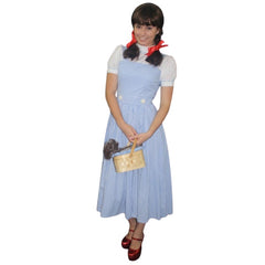 Kansas Girl costume with blue dress, red sequin shoes, wig, and dog basket – hire from Brisbane store
