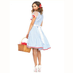 Kansas Sweetie, blue and white check knee length dress with white trim and separate apron.