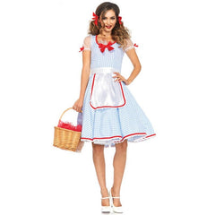Kansas Sweetie, blue and white check knee length dress with white trim and separate apron.