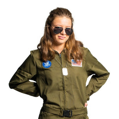 Ladies khaki pilot jumpsuit costume with aviation patches and front zip