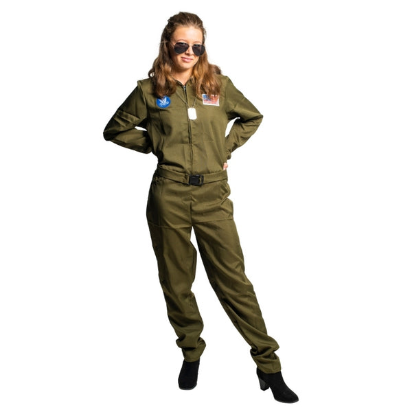 Ladies khaki pilot jumpsuit costume with aviation patches and front zip