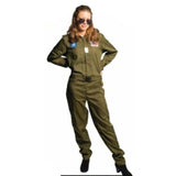 Ladies khaki pilot jumpsuit costume with chest emblems and belt