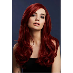 Khloe long wavy wig in True Blend Ruby Red with centre part and faux skin crown, 66cm heat-resistant synthetic wig