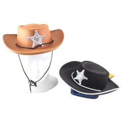 Kids black cowboy hat with silver sheriff badge for cowboy and cowgirl costumes, Book Week and Western dress-up.
