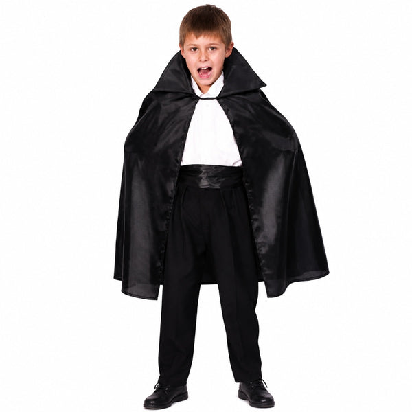Kids black vampire cape with raised collar for Halloween costume
