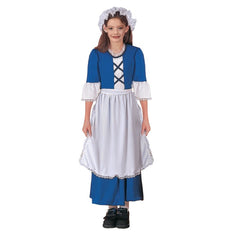 Kids colonial girl costume with blue dress, apron, and lace-trimmed mop hat