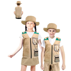 Children’s explorer costume set with khaki vest and wide-brim hat, ideal for Book Week or jungle adventures