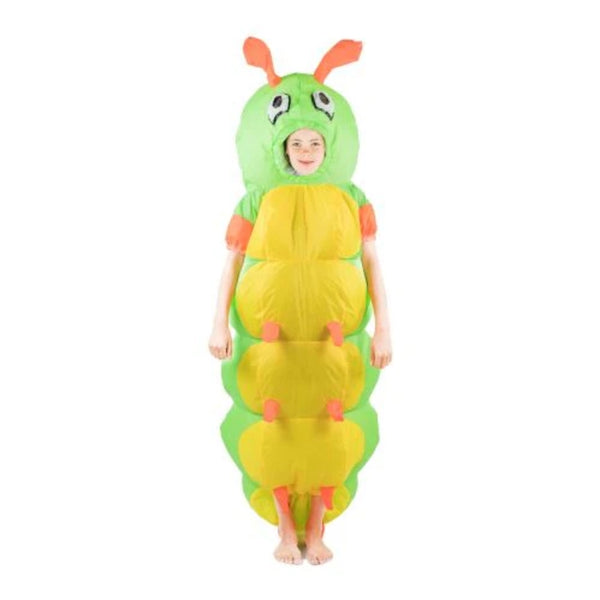 Kids inflatable caterpillar costume in green with yellow tummy and orange accents.
