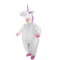 Kids Inflatable Unicorn V2 Costume covers head to toe, white costume with pink accents, zips up at the front.