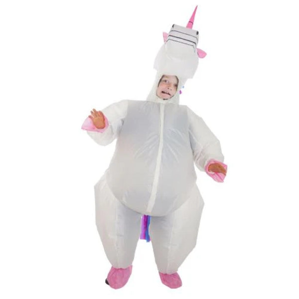 Kids Inflatable Unicorn V2 Costume covers head to toe, white costume with pink accents, zips up at the front.