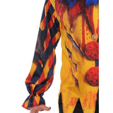Killer clown adult costume in yellow print shirt and jester collar.