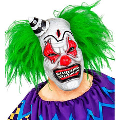 Killer clown half face mask with attached hair and mini hat. Creepy circus Halloween mask.