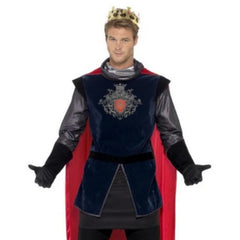 King Arthur Deluxe Men’s Medieval Costume with tunic, red cape, gloves, boot tops, and crown