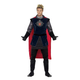 King arthur deluxe mens medieval costume, blue top, red cape, gloves, boot covers and plastic crown.