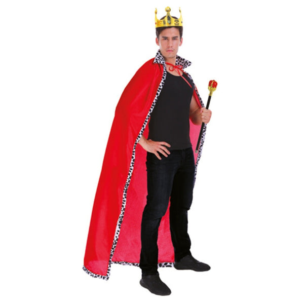 King Cape w/ Contrasting Trim, adult red cape with black and white spot trim.