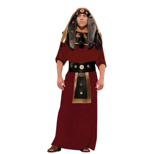 King of Egypt adult costume with gold Egyptian collar, robe and pharaoh headpiece