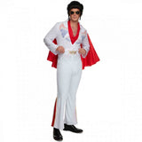 Adult King of Rock and Roll costume with white jumpsuit, printed chest detail, and red cape – perfect for music, TV, and retro-themed events.