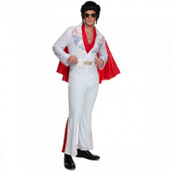 Adult King of Rock and Roll costume with white jumpsuit, printed chest detail, and red cape – perfect for music, TV, and retro-themed events.
