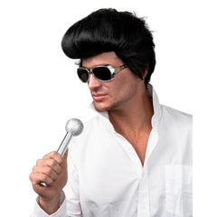 Oversized black quiff wig styled for rock ‘n’ roll costumes