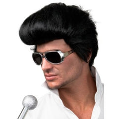Oversized black quiff wig styled for rock ‘n’ roll costumes