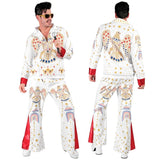 Front and rear view of white rock and roll inspired costume with eagle print details