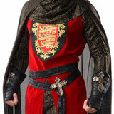 King Richard Collectors Edition - Hire, quality red velour tunic with lion emblem, mesh cape and hooded cowl, gauntlets and belt with cross.