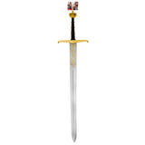 Decorative sword with gold hilt on a white background with header card
