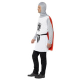 Medieval knight costume, white tunic with crest, print sleeves and hood plus red cape.