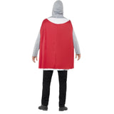 medieval knight adult costume with attached red cape that comes to mid thigh.