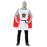 knight costume, tunic with hood, cape and belt.
